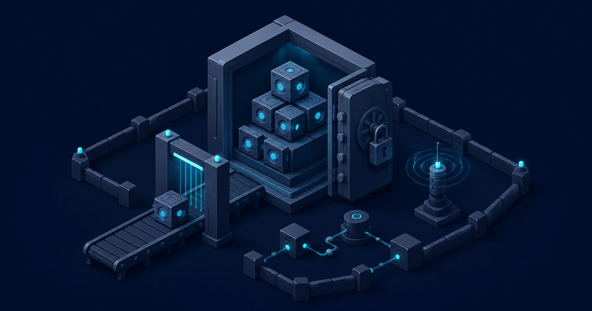 Isometric dark-blue model vault with a locked door, stacked data cubes, conveyor, scanner gate, and glowing network defenses.