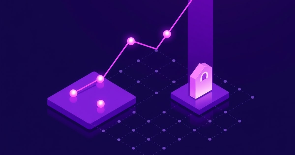 A glowing purple node graph rises from one isometric platform to a tall pillar topped with a padlock icon on a second platform, set on a dotted grid.