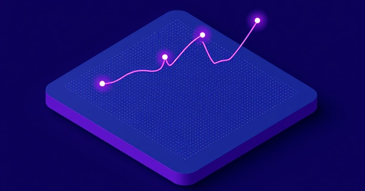 Flat isometric illustration of a purple dotted slab carrying a glowing pink line chart that rises across it through four bright white nodes.