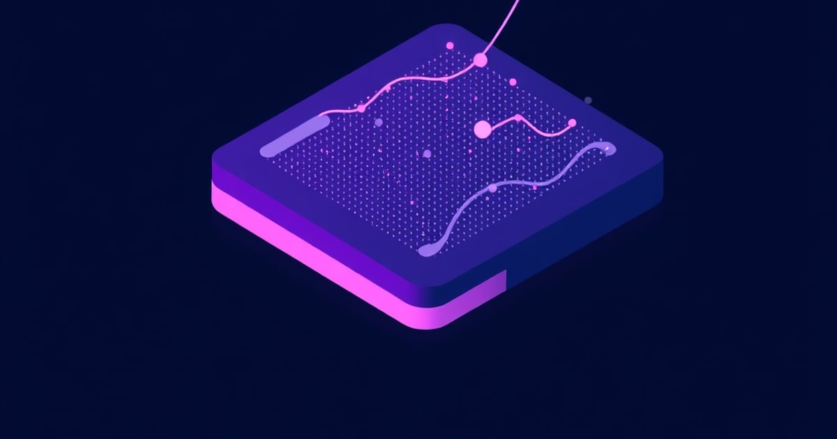 Flat isometric illustration of a purple dotted slab crossed by a glowing pink trend line and a pale lavender wave on a dark navy background.