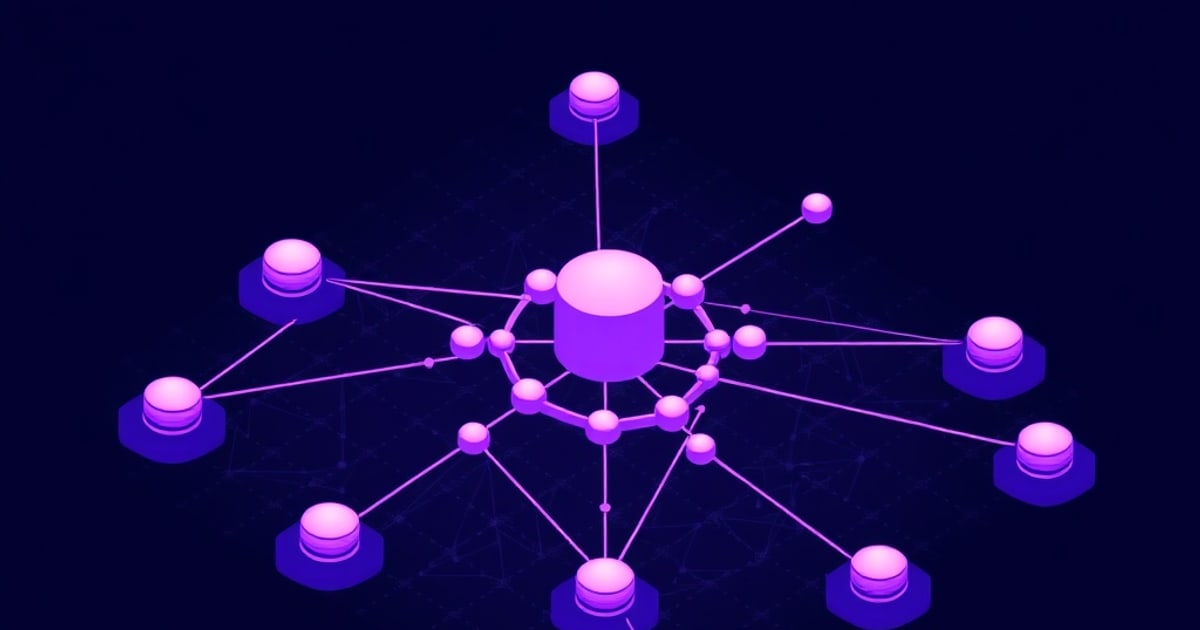 Flat isometric illustration of a pink central cylinder ringed by small nodes with spokes radiating to ten pink pucks on violet hexagonal pads.