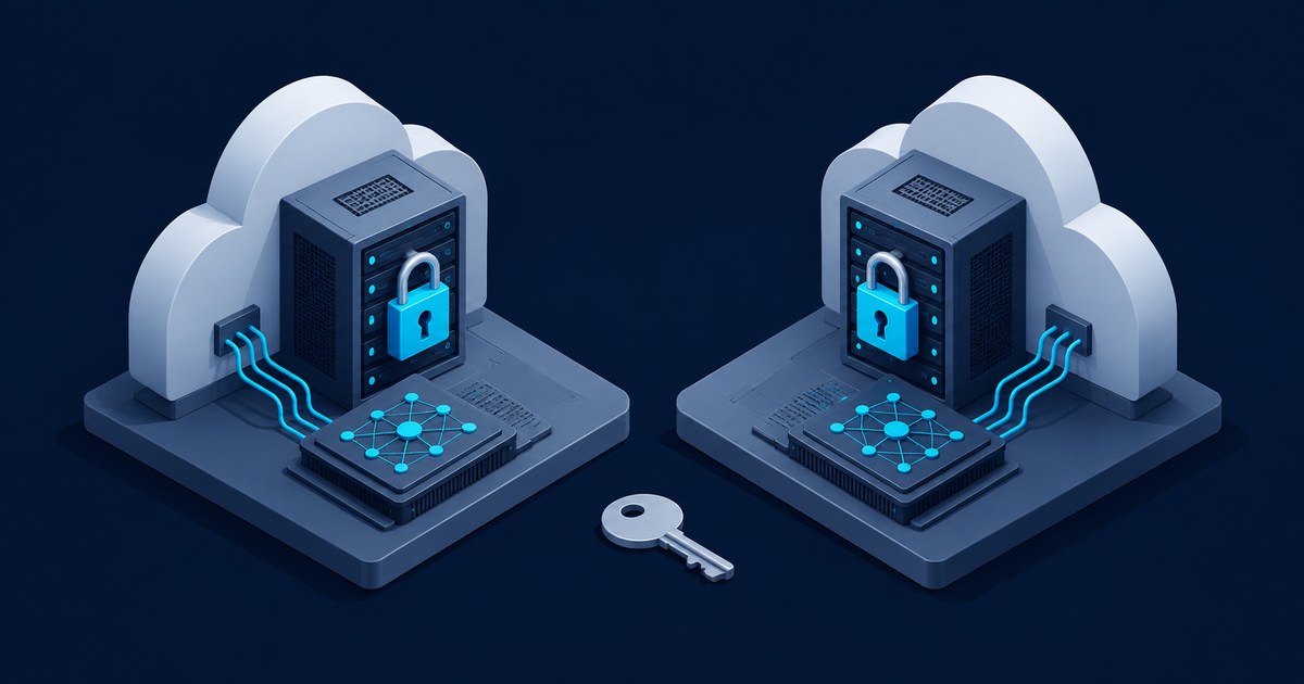 Two mirrored cloud server platforms with padlocks, network chips, glowing cables, and a shared key represent secure AI infrastructure.