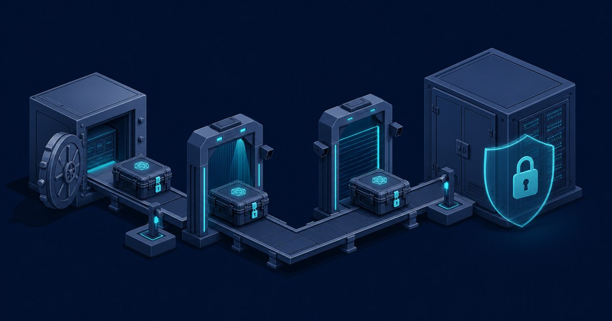 Isometric conveyor moves padlocked crates with network icons from an open vault through two scanner gates to a server cabinet behind a glowing shield.