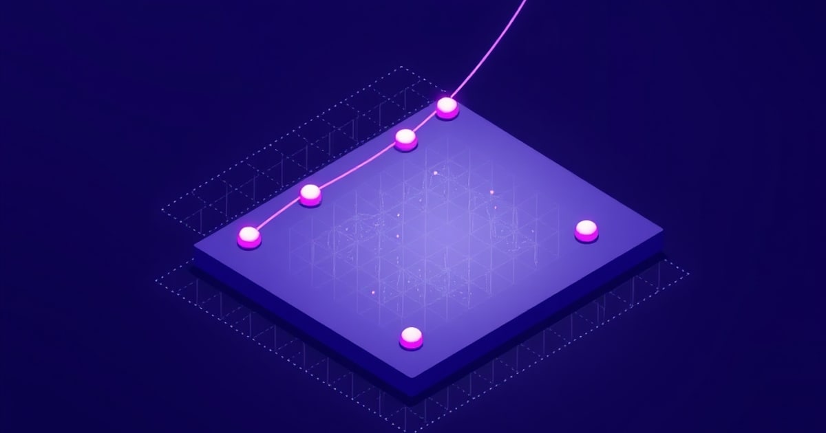 Flat isometric illustration of a purple slab with five glowing pink pucks and a pink line threading four of them and off the top right corner.